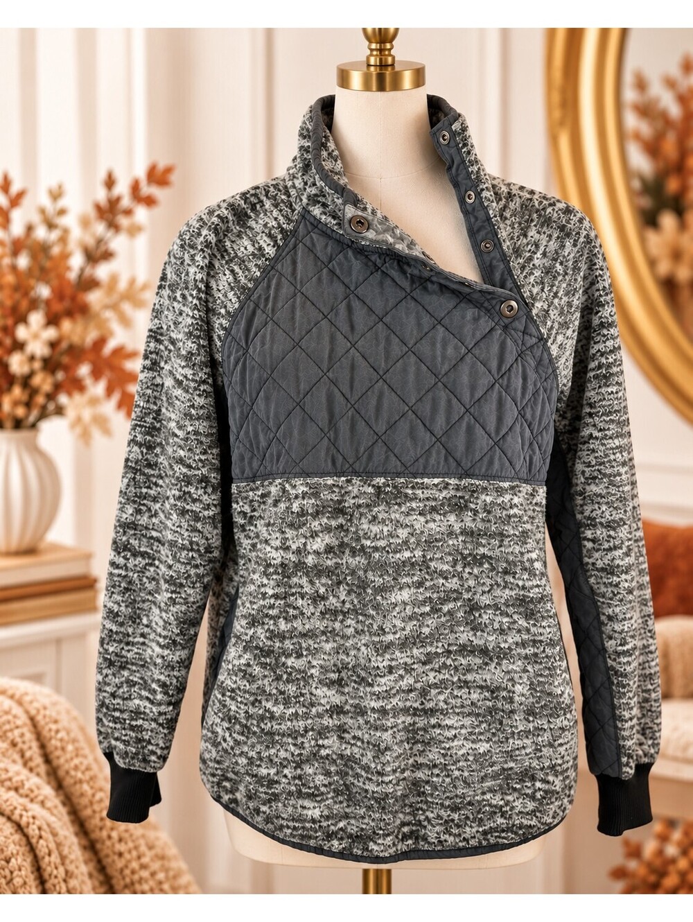 Abercrombie & Fitch Women’s M Gray Quilted Fleece Snap Pullover Mock Neck